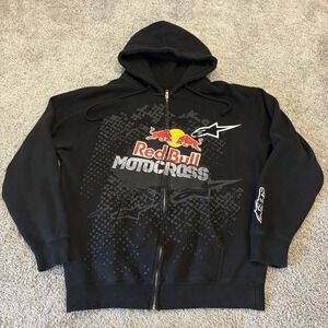 Vintage Alpinestars Faded Red Bull Motocross Racing Zip Hoodie Black Medium Y2K